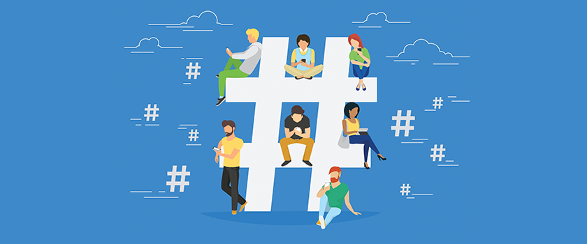 Illustration of hashtag with people surround it tweeting on devices.
